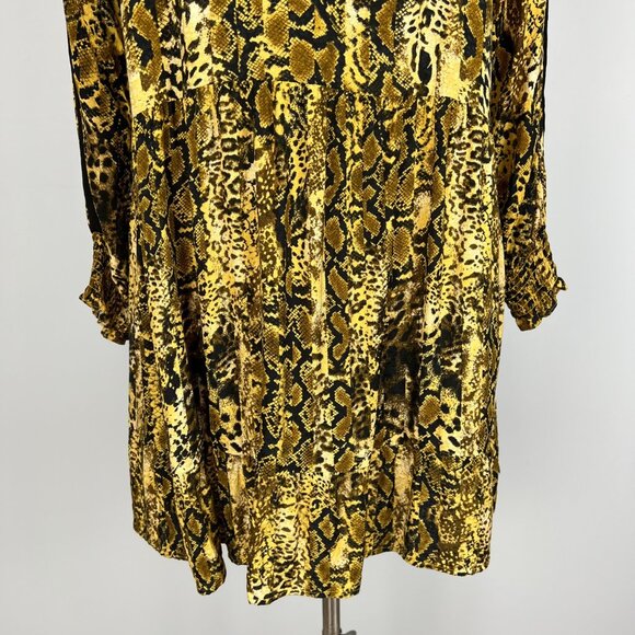 ba&sh Womens SYM Dress Ochre Snake Print Ruffle Swing Smocked Cuffs size 10 - Picture 9 of 16